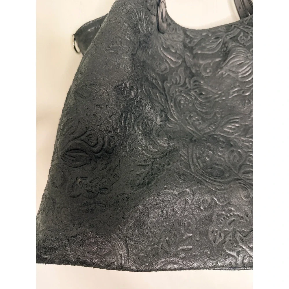 Isadora Italy Black Embossed Floral Leather Hobo Bag Slouchy Shoulder Tote Large